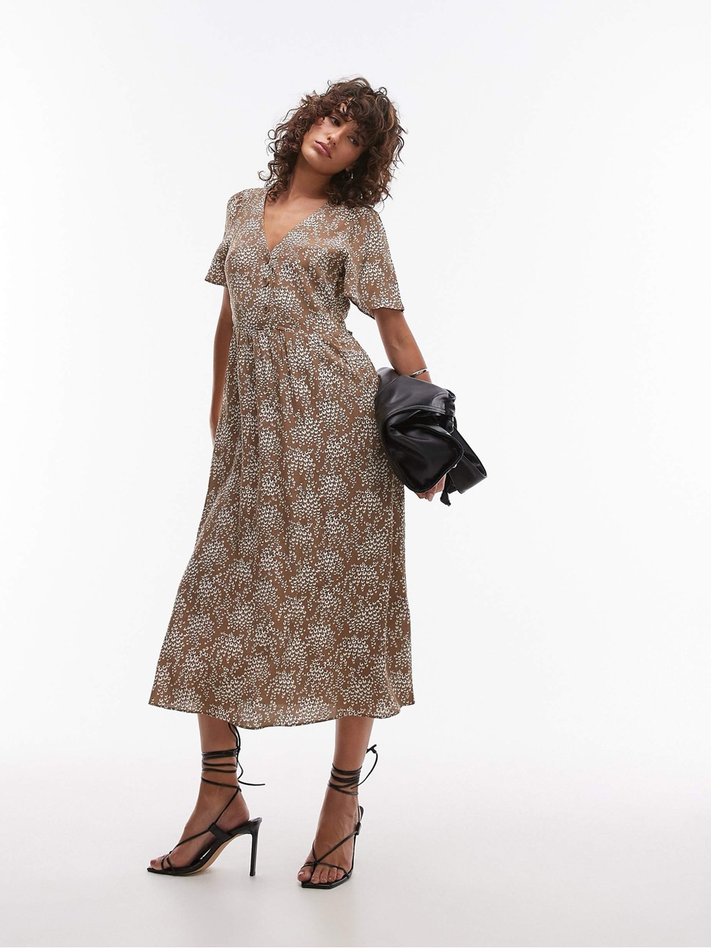 Relaxed V-Neck Brown Printed Midi Dress